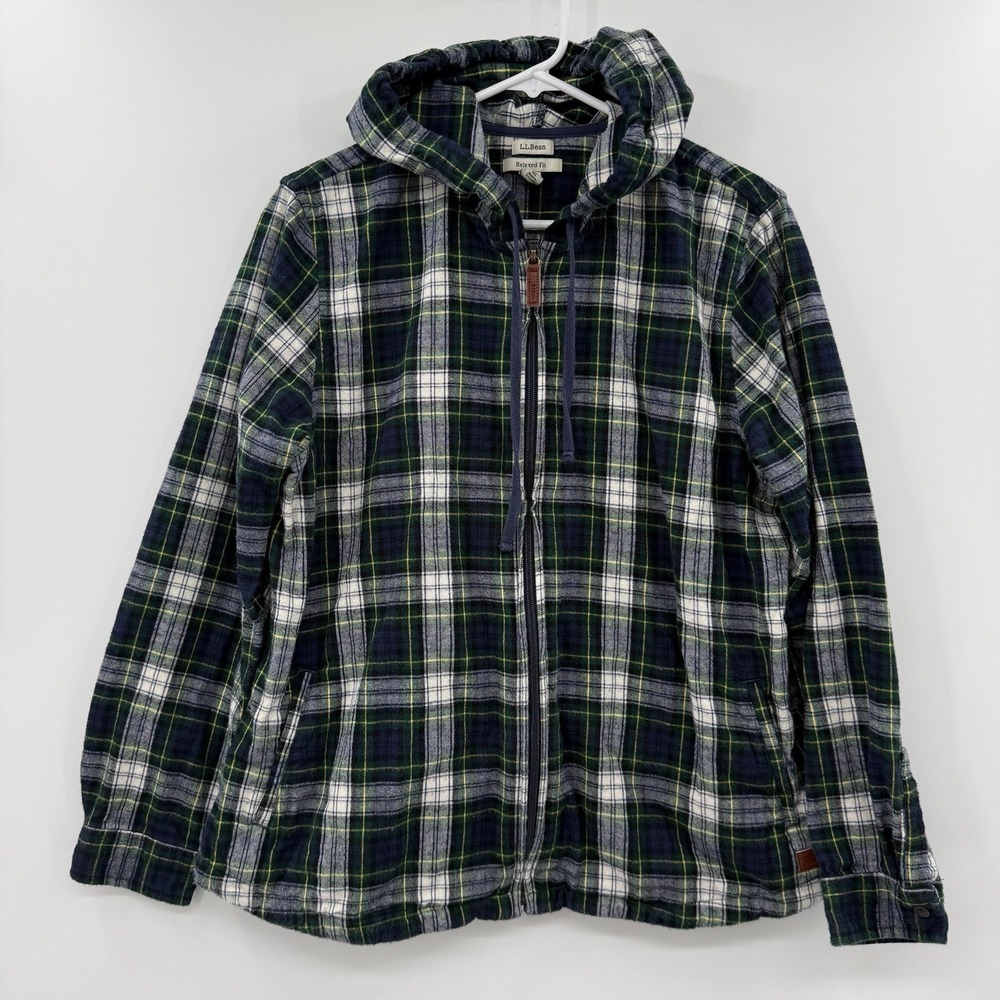 LL Bean Women XL Scotch Plaid Flannel Shirt Relaxed Fit Zip Hoodie jacket